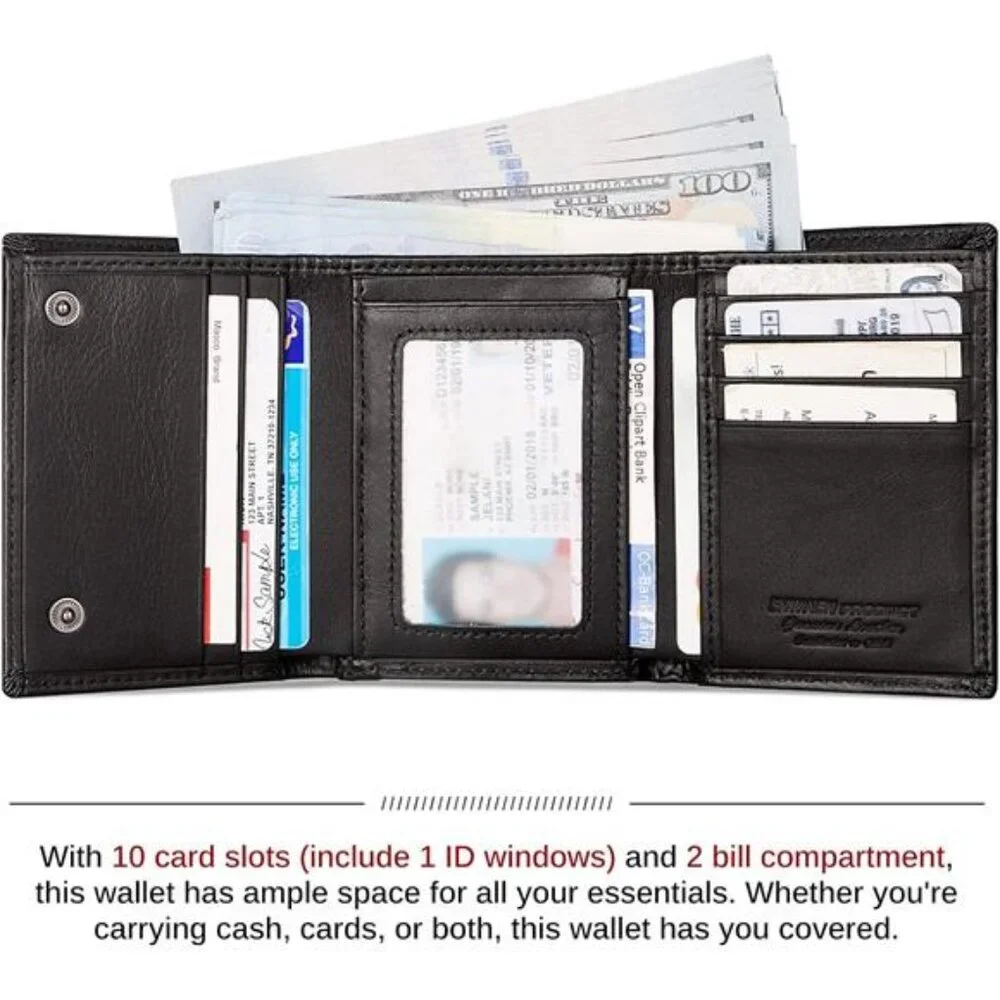 Mens Wallet with Chain, Genuine Leather Trifold Wallet RFID Blocking Anti-Theft